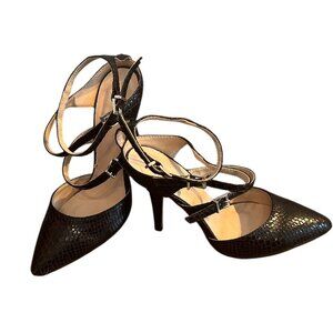 Sergio Bari Ankle Strap High Heels Black Snake Skin Vegan Leather Sz 7 Cocktail